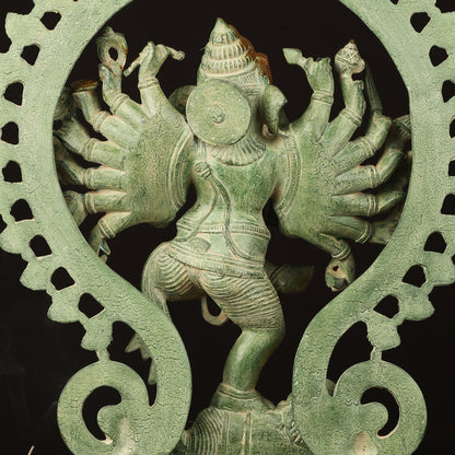 Brass Dancing Ganesha Statue - 25.5" Height, Antique Green Patina Finish