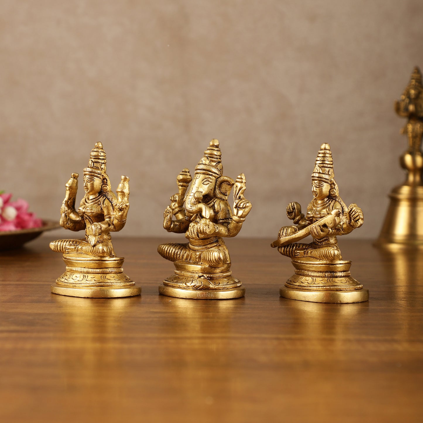 Pure Brass Small Lord Ganesha, Goddess Lakshmi, and Goddess Saraswati Idol Set | 3.5 Inch