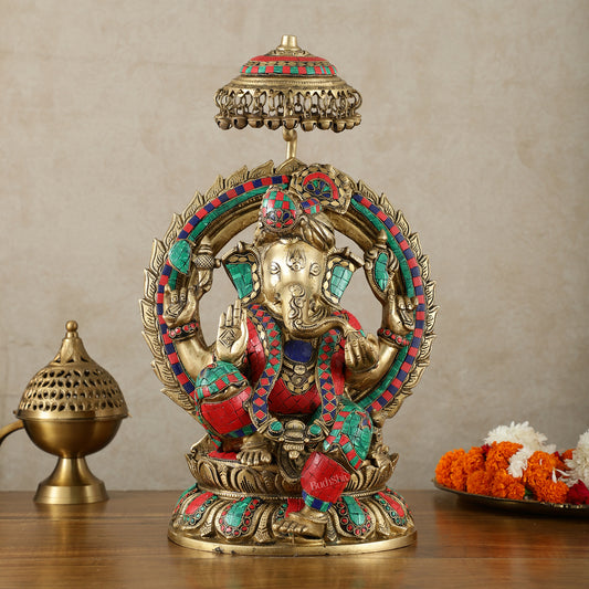 Brass Lord Ganesha Statue Seated on a Throne - 18 inch with stonework