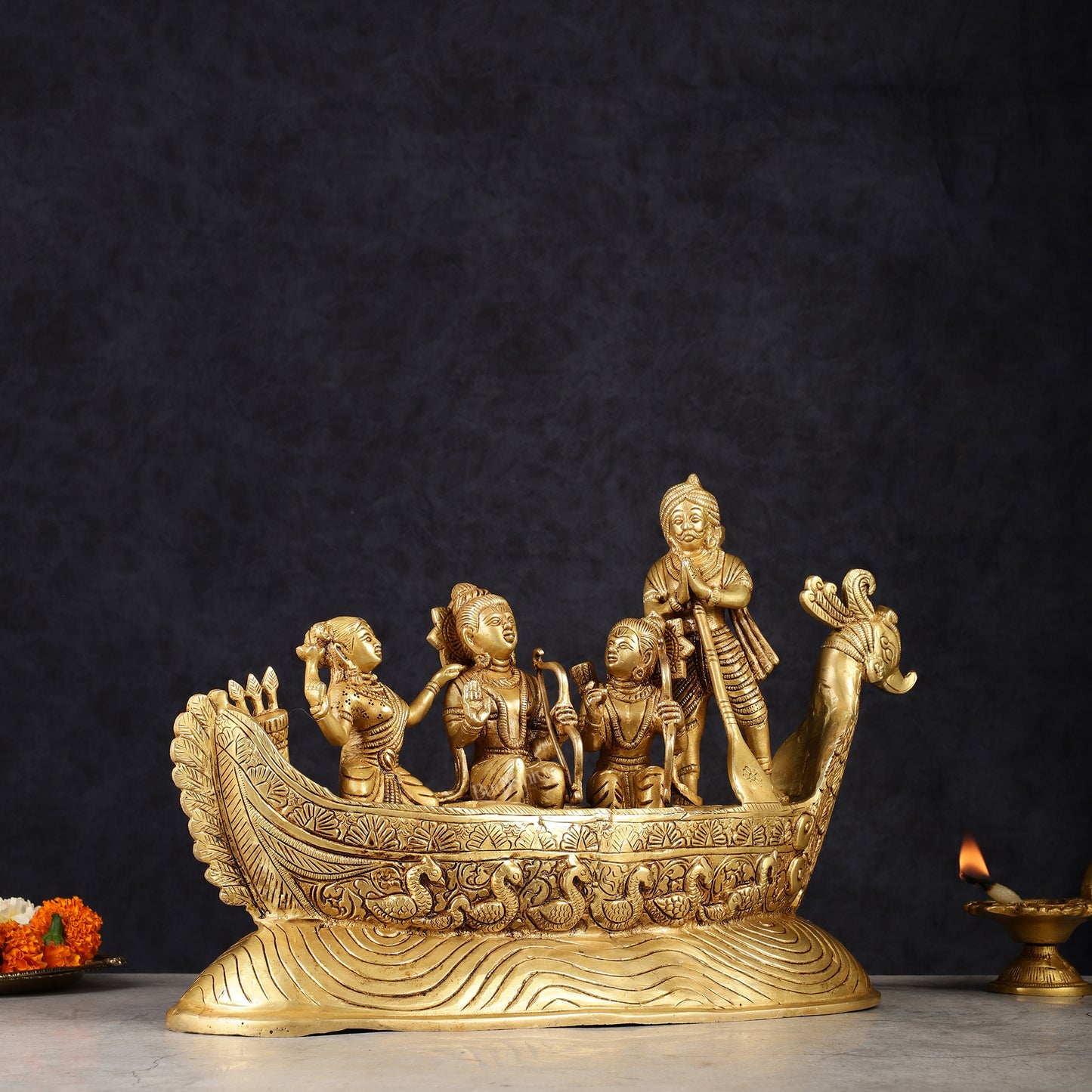 Lord Rama, Sita, and Lakshmana Statue with Kevat on boat brass statue