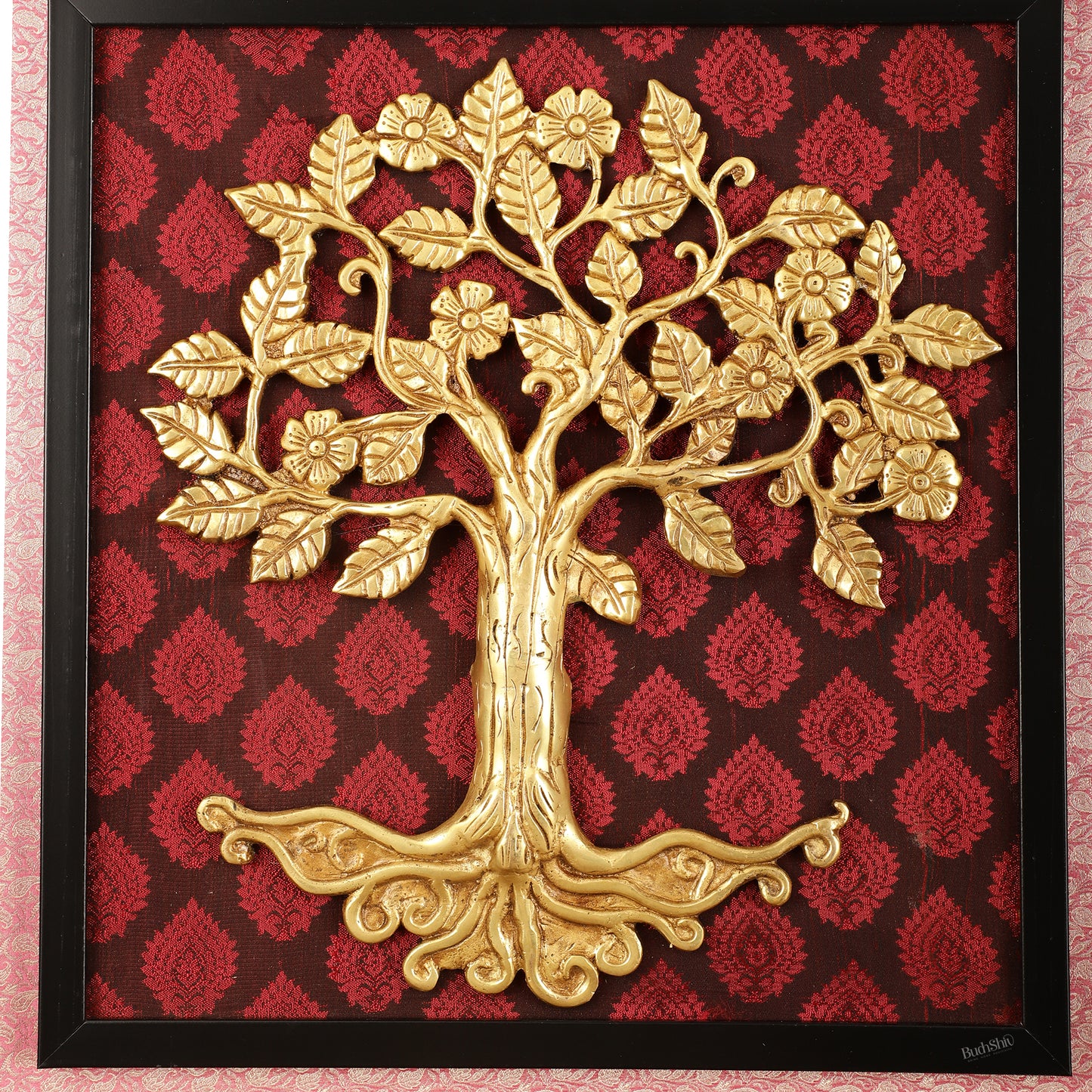 Brass Kalpavriksha Tree Hanging on Wooden Frame with Premium Fabric - 20" x 18.5"