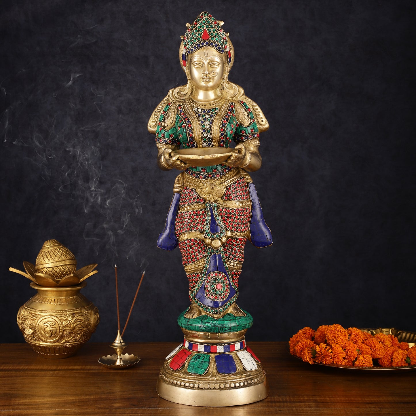 Brass Deep Lakshmi Pavaai Villaku with Intricate Stonework, 23" Height, 10 kgs