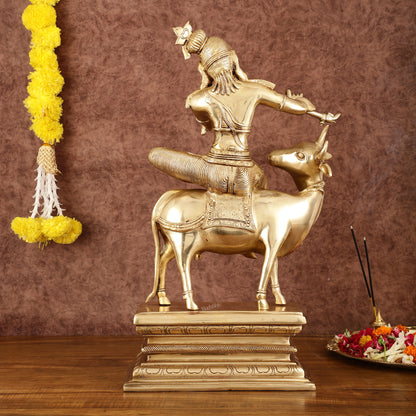 Brass Venugopal Krishna Seated on Cow Statue - 21"