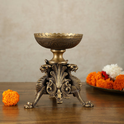 Brass Multi-Purpose Bowl with Yali Lion Stand | 8"