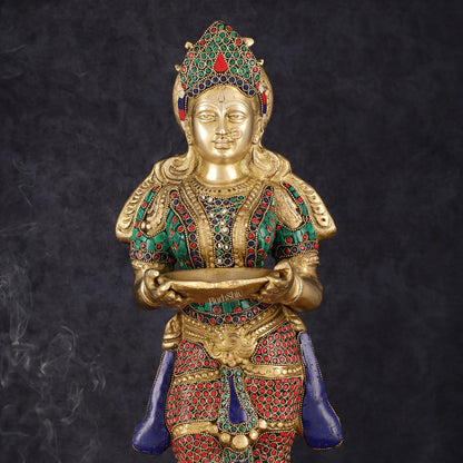 Brass Deep Lakshmi Pavaai Villaku with Intricate Stonework, 23" Height, 10 kgs