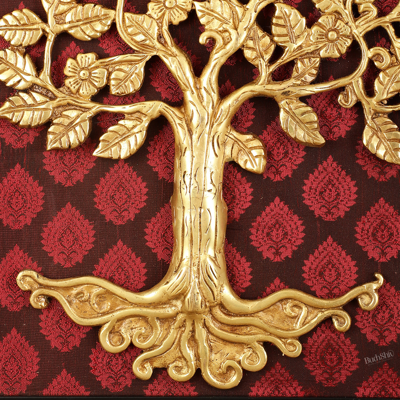 Brass Kalpavriksha Tree Hanging on Wooden Frame with Premium Fabric - 20" x 18.5"