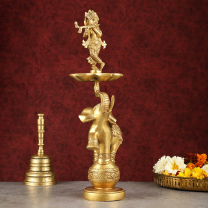 Pure Brass Superfine Krishna on jumping Elephant Oil Lamp/Vilakku - 16"