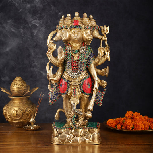 Brass Panch Mukhi Hanuman Statue with Stonework - 17.5 Inches
