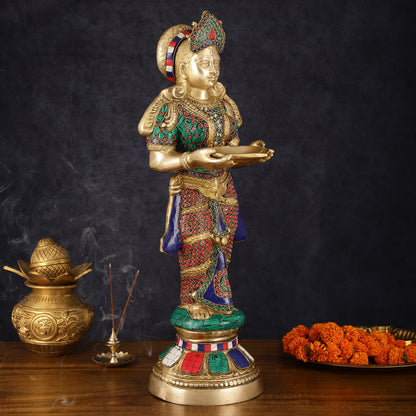 Brass Deep Lakshmi Pavaai Villaku with Intricate Stonework, 23" Height, 10 kgs