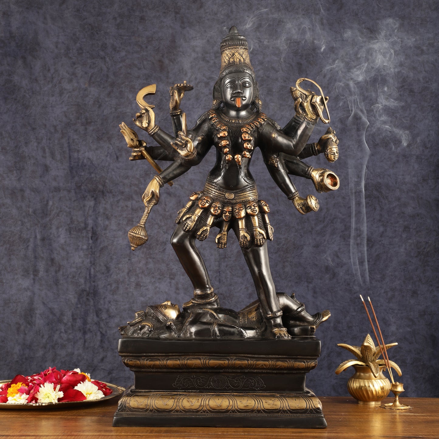 Pure Brass Kali Mata Statue - 25 Inch, 10 Arms, Black Edition