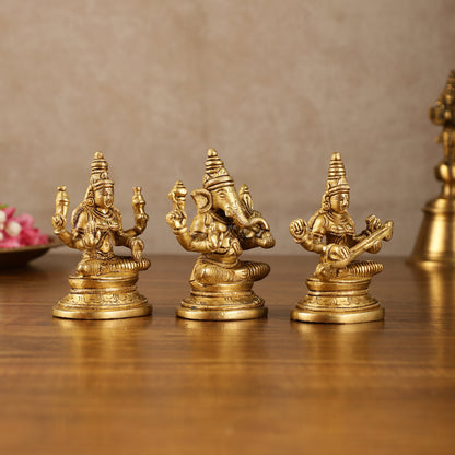 Pure Brass Small Lord Ganesha, Goddess Lakshmi, and Goddess Saraswati Idol Set | 3.5 Inch