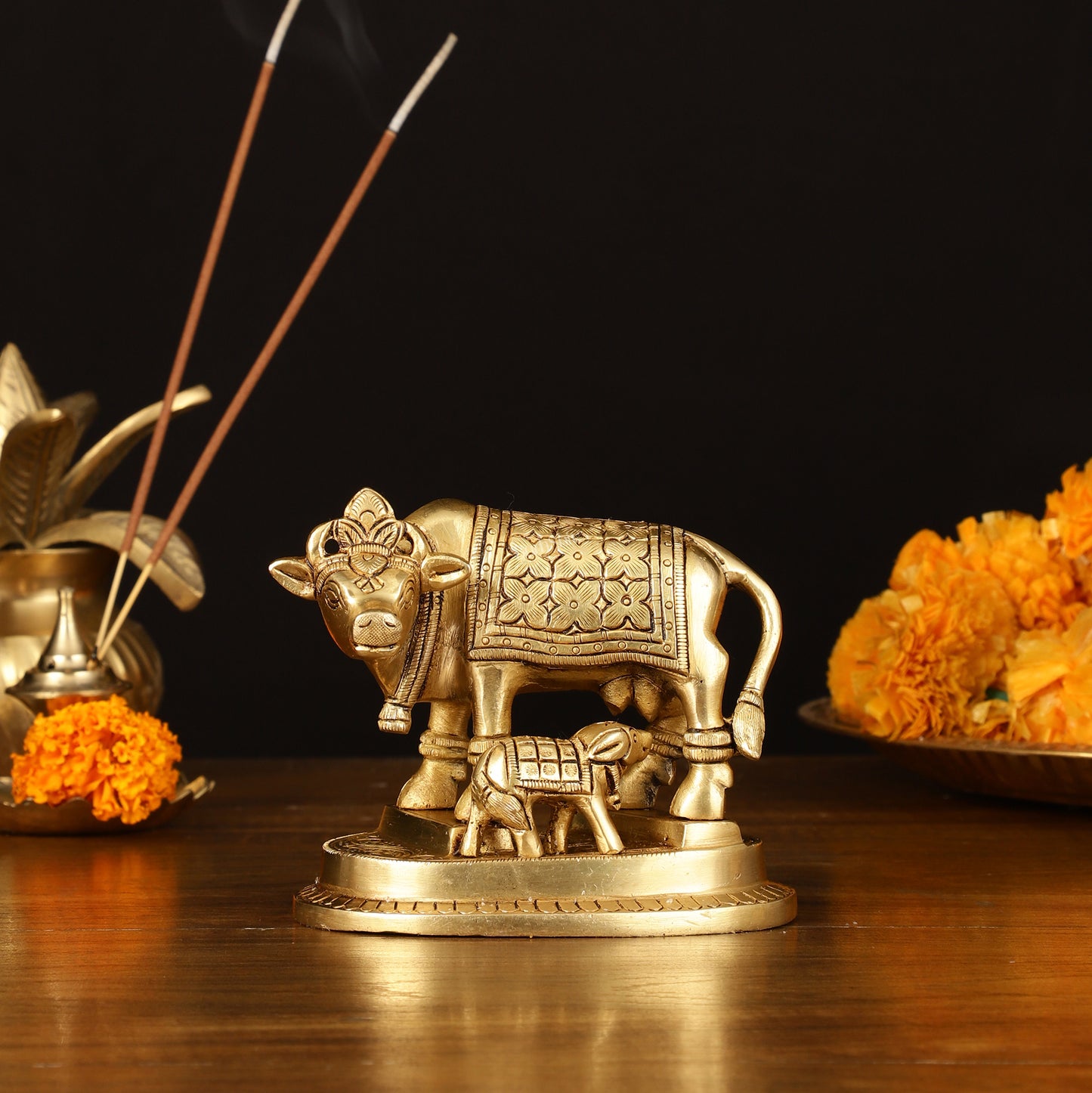 Brass Superfine Kamdhenu Cow with Calf Idol - 4" Height