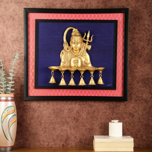 Brass Lord Shiva Diya on Wooden Frame with Premium Fabric | 19 Inch Wall Hanging