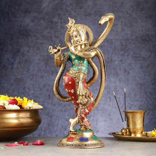 Pure Brass Krishna Surrenders to Kaliya naag Idol 15"