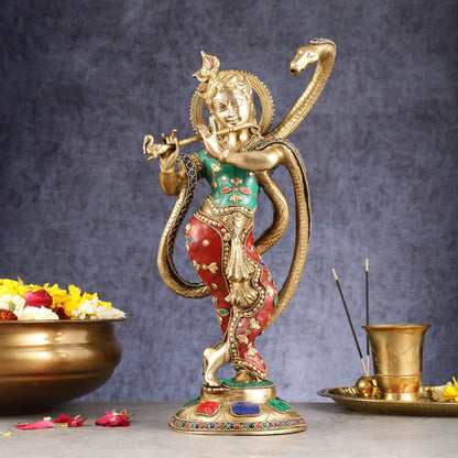 Pure Brass Krishna Surrenders to Kaliya naag Idol 15"