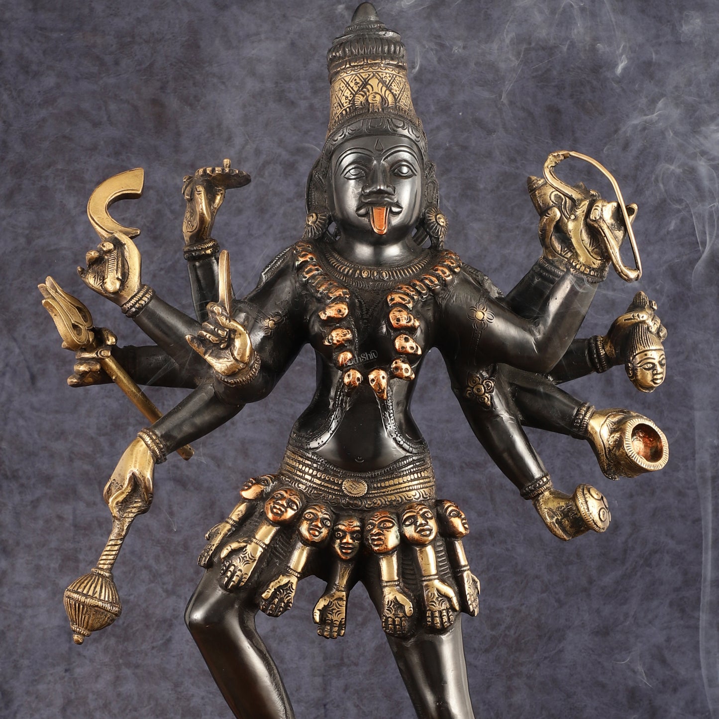 Pure Brass Kali Mata Statue - 25 Inch, 10 Arms, Black Edition