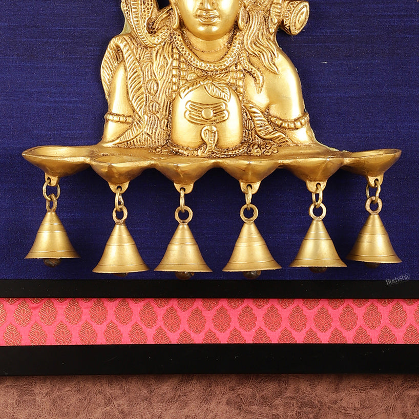 Brass Lord Shiva Diya on Wooden Frame with Premium Fabric | 19 Inch Wall Hanging