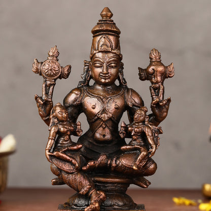 Pure Copper Lord Vishnu with Bhoodevi and Sridevi Idol - 4.5-inch