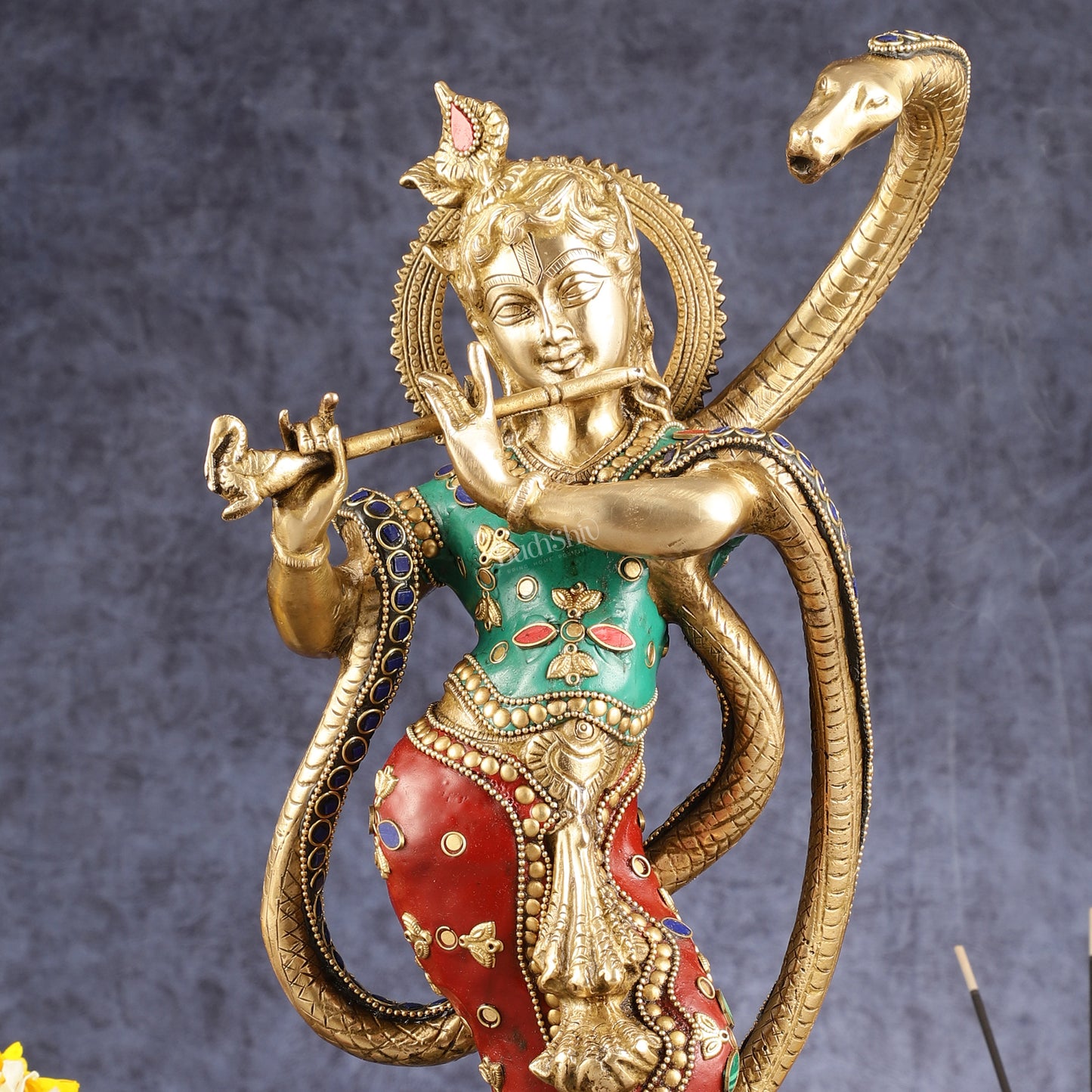 Pure Brass Krishna Surrenders to Kaliya naag Idol 15"