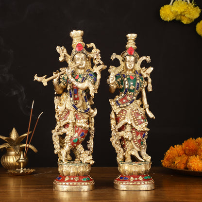 Brass Radha Krishna Statues - 14" Handcrafted with Natural Stones