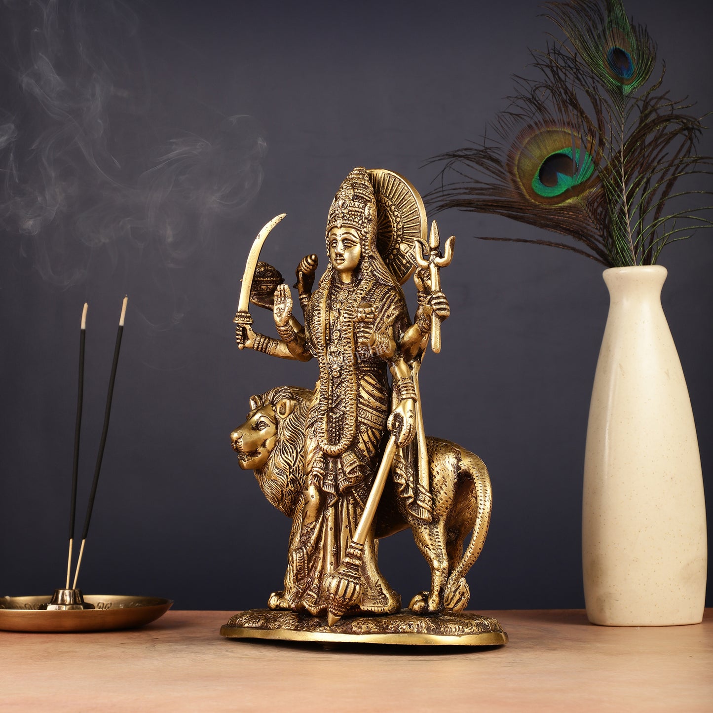 Brass Standing Durga Lion Right Armed Idol - 10.5"