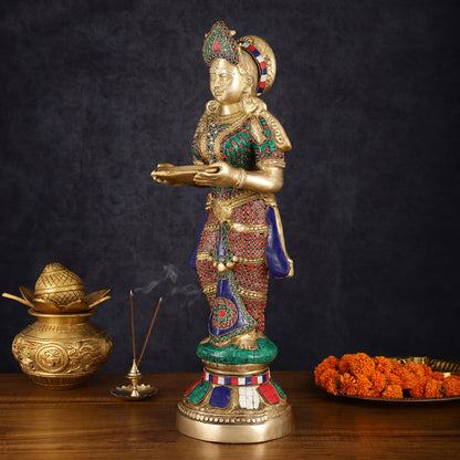 Brass Deep Lakshmi Pavaai Villaku with Intricate Stonework, 23" Height, 10 kgs