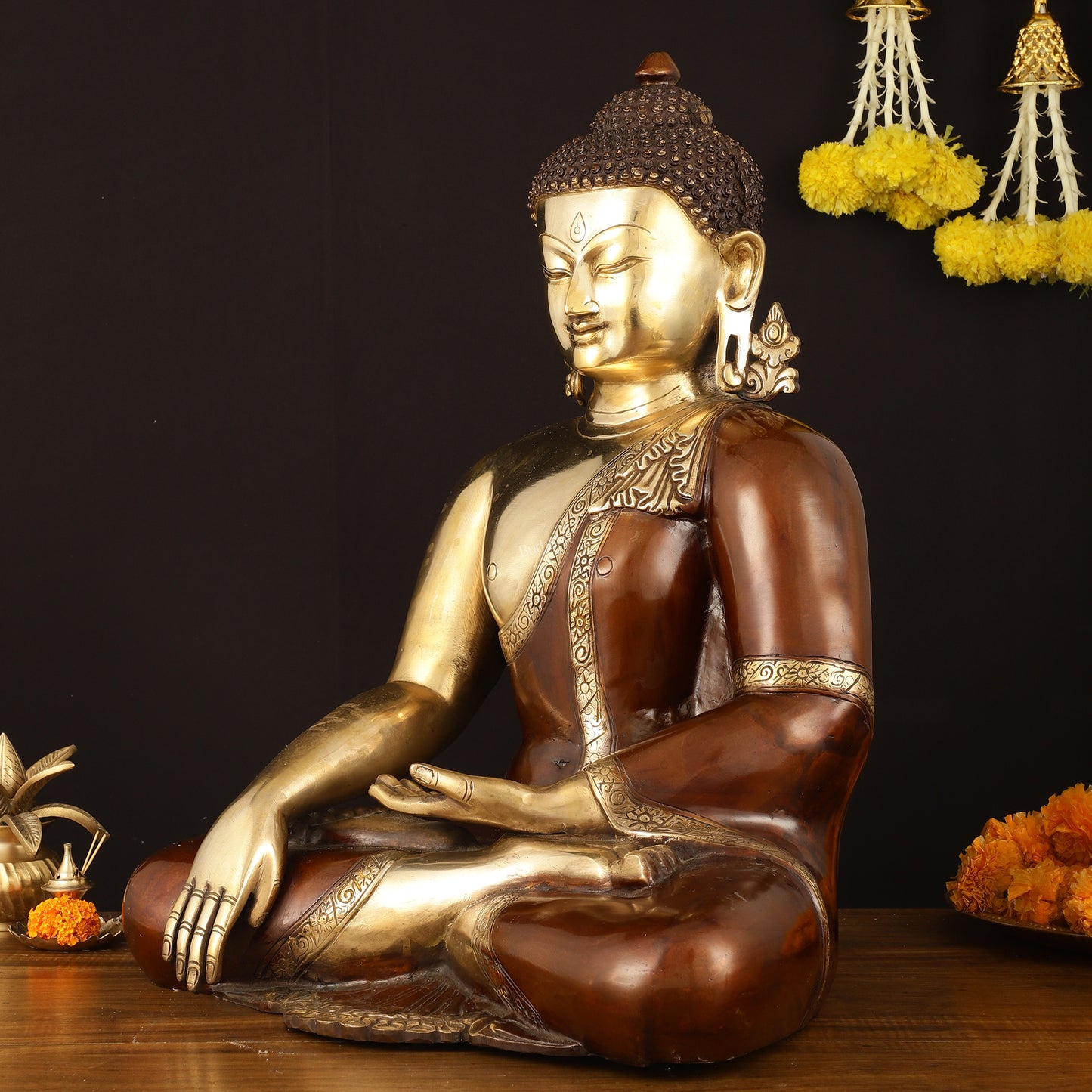 Pure Brass Buddha in Bhumisparsha Mudra Statue - 21" | Dual Tone Elegance