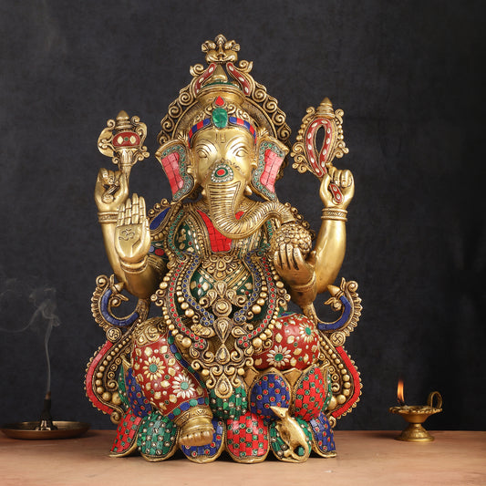 Lotus Ganesha Brass Idol 21 " enhanced carvings