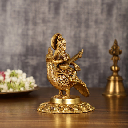 Pure Brass Superfine Goddess Saraswati Sitting on Swan Idol | 6.5 Inch Height | 2 KG