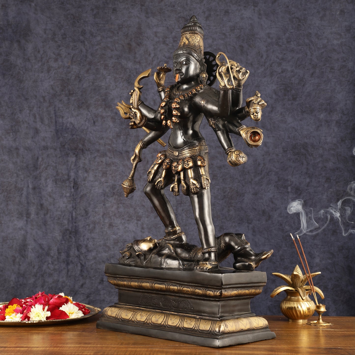 Pure Brass Kali Mata Statue - 25 Inch, 10 Arms, Black Edition