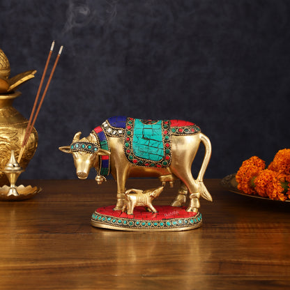 Pure Brass Kamdhenu Cow with Calf Idol with Stonework small