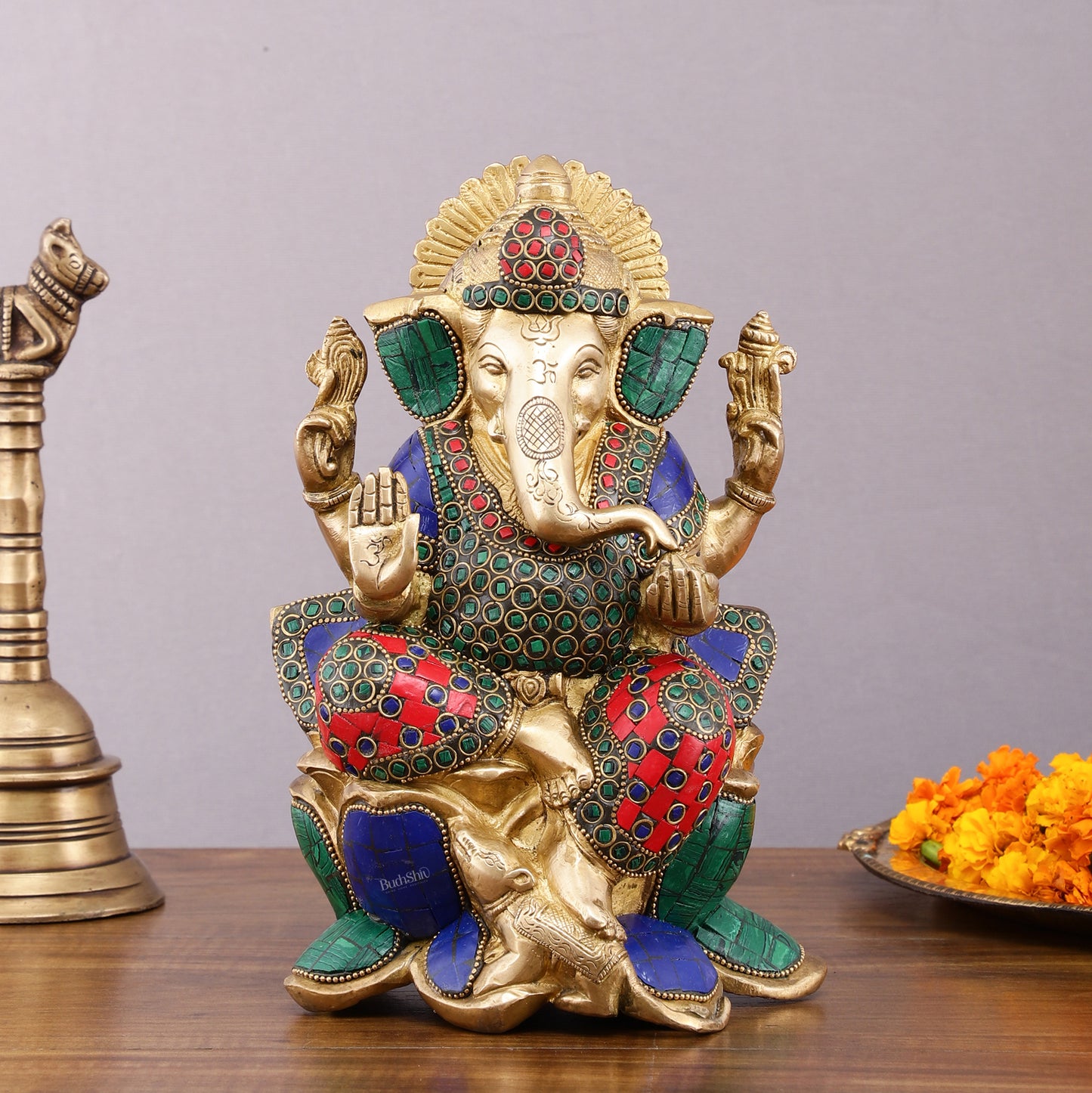 Handcrafted Brass Ganesha Idol with Meenakari Stones - 10" Lotus Seat Statue