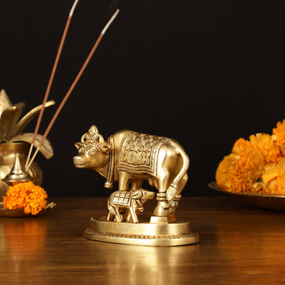 Brass Superfine Kamdhenu Cow with Calf Idol - 4" Height