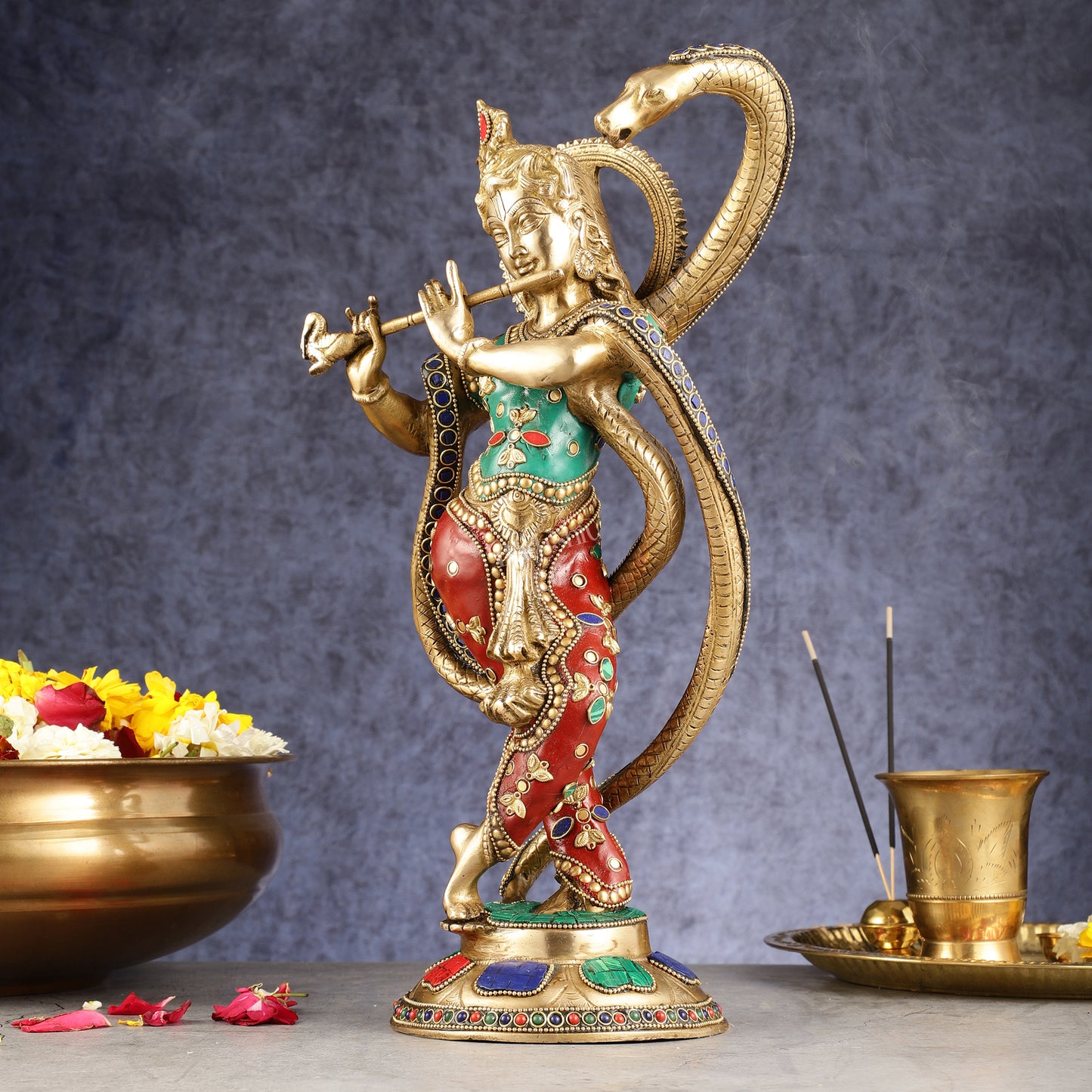 Pure Brass Krishna Surrenders to Kaliya naag Idol 15"