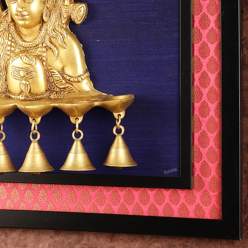 Brass Lord Shiva Diya on Wooden Frame with Premium Fabric | 19 Inch Wall Hanging