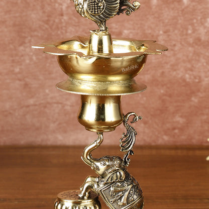 Brass Superfine Intricately Carved Jumping Elephant Peacock Lamp - 9" Tall