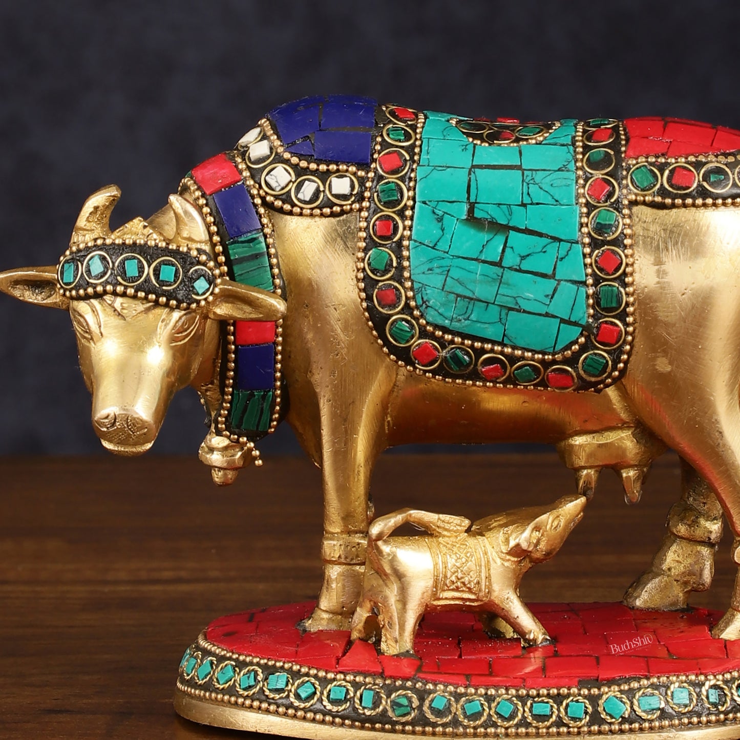 Pure Brass Kamdhenu Cow with Calf Idol with Stonework small