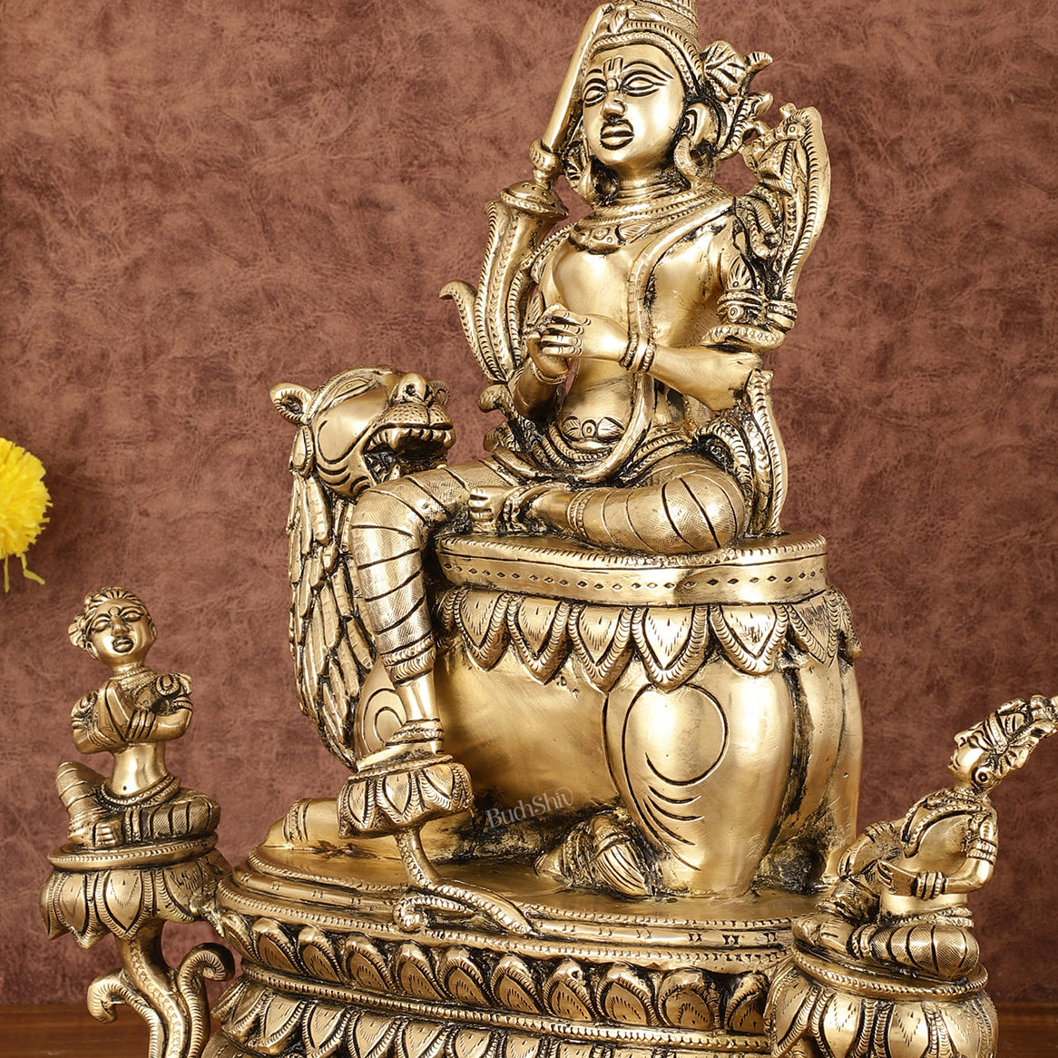 Brass Tara Devi Seated on a Lion Idol - The Great Himalayan Goddess