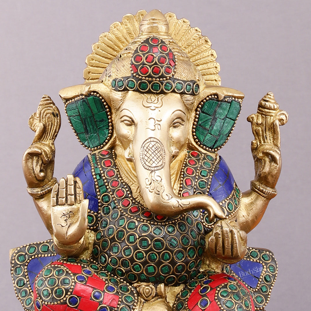 Handcrafted Brass Ganesha Idol with Meenakari Stones - 10" Lotus Seat Statue