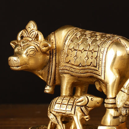 Brass Superfine Kamdhenu Cow with Calf Idol - 4" Height