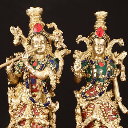 Brass Radha Krishna Statues - 14" Handcrafted with Natural Stones