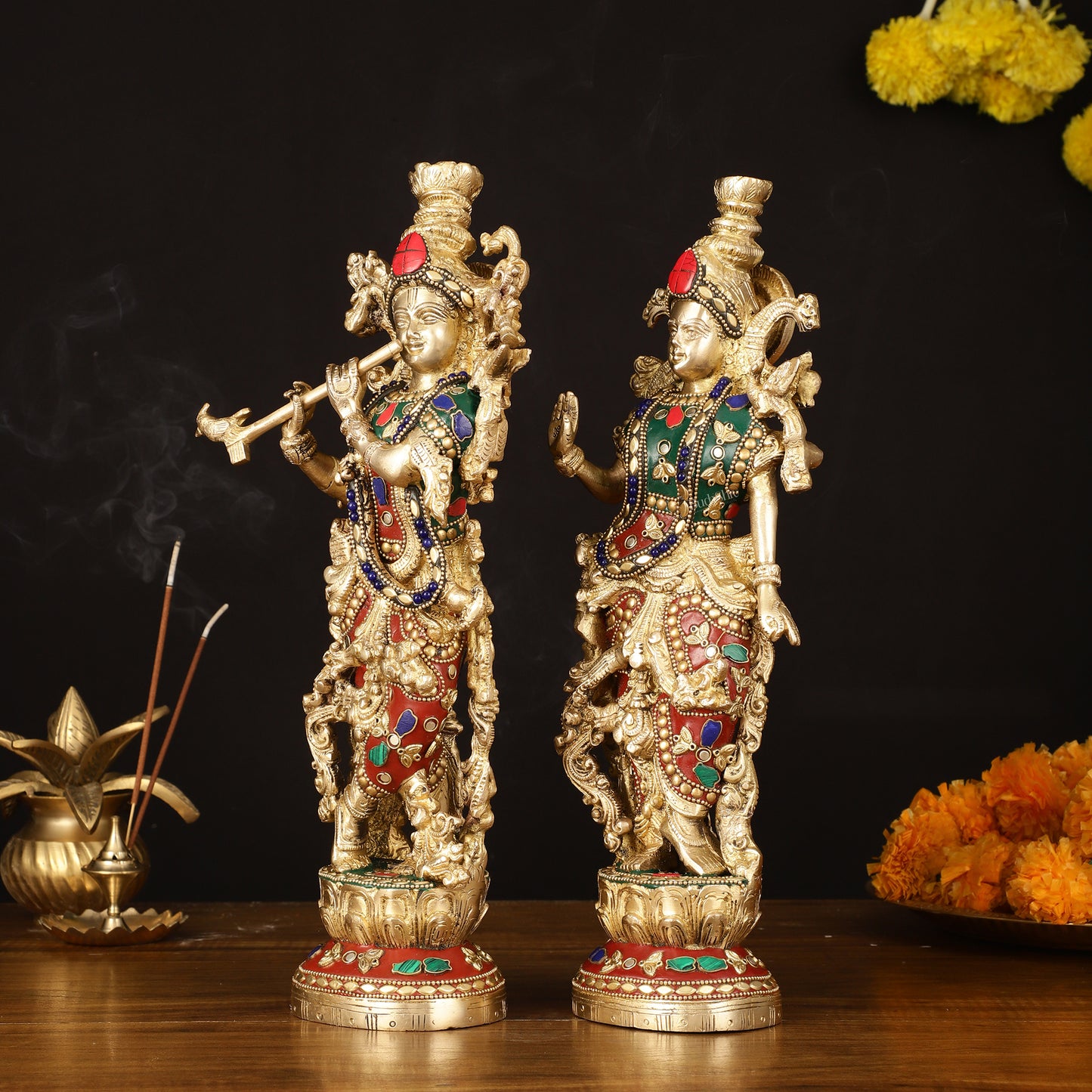 Brass Radha Krishna Statues - 14" Handcrafted with Natural Stones