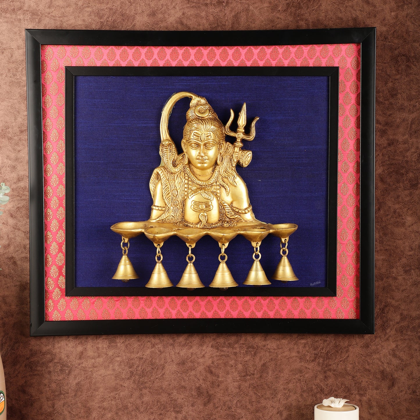 Brass Lord Shiva Diya on Wooden Frame with Premium Fabric | 19 Inch Wall Hanging