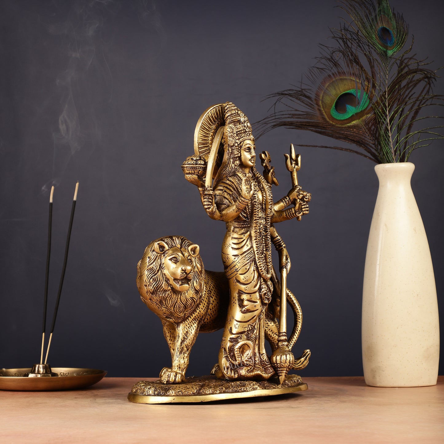 Brass Standing Durga Lion Right Armed Idol - 10.5"