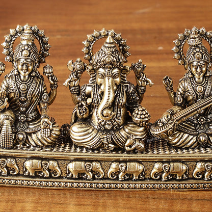 Brass Superfine Ganesh Lakshmi Saraswati on Same Base | Intricately Carved | 3 Inch Height