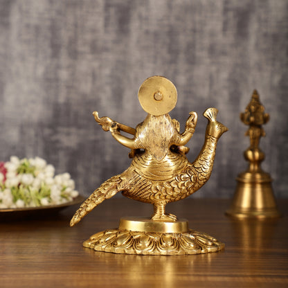 Pure Brass Superfine Goddess Saraswati Sitting on Swan Idol | 6.5 Inch Height | 2 KG