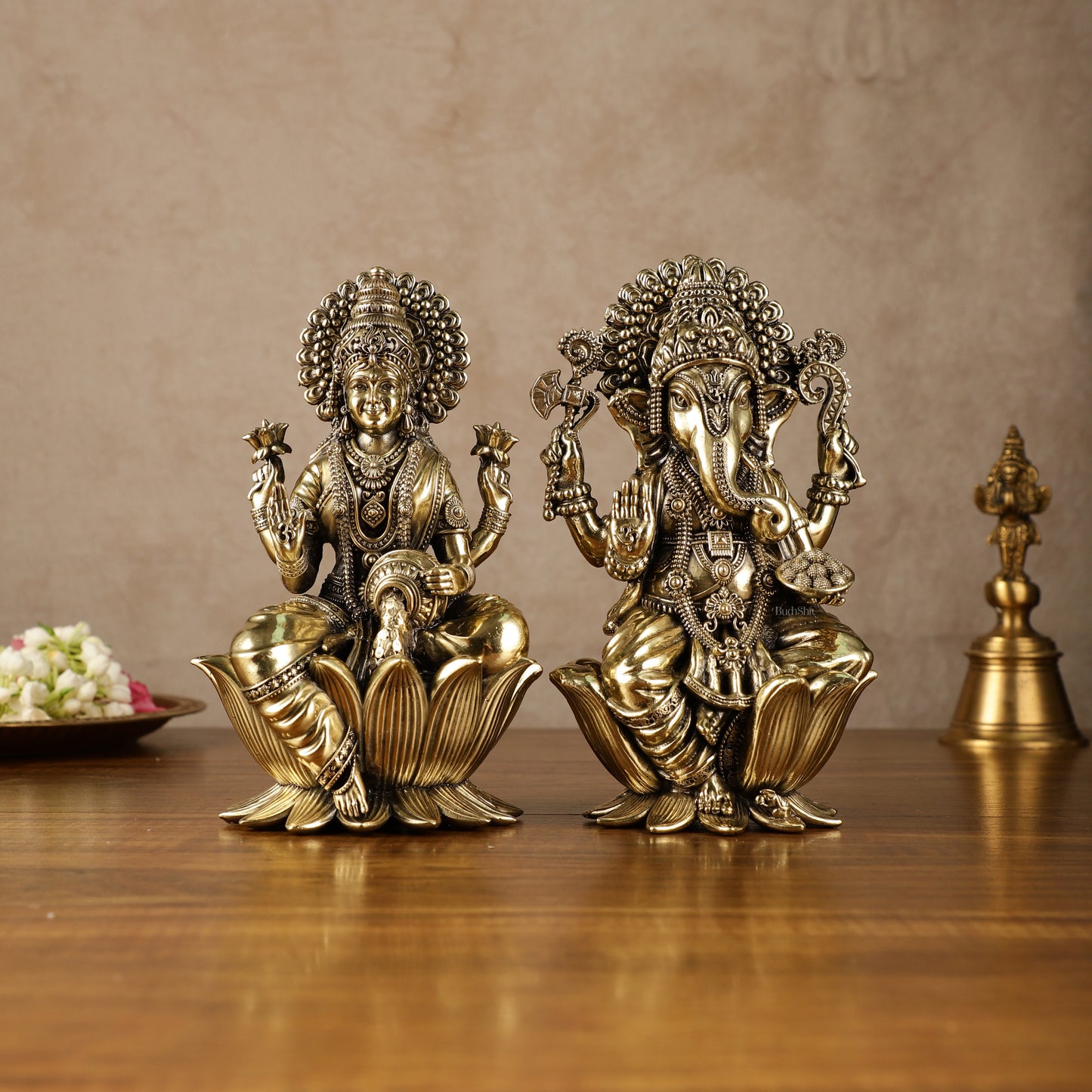 Exquisite Brass Ganesh Lakshmi Idol Pair | 8 Inch