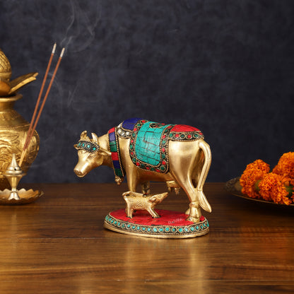 Pure Brass Kamdhenu Cow with Calf Idol with Stonework small