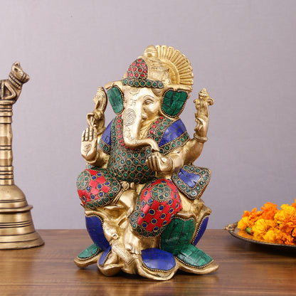 Handcrafted Brass Ganesha Idol with Meenakari Stones - 10" Lotus Seat Statue