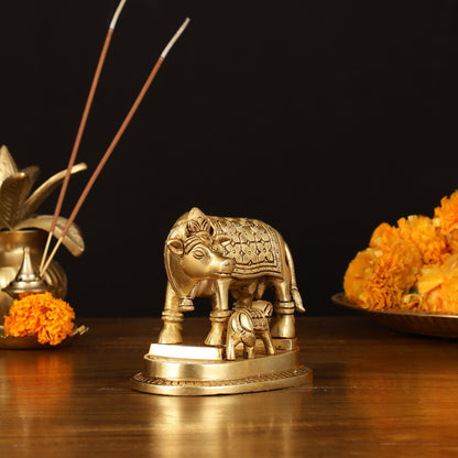 Brass Superfine Kamdhenu Cow with Calf Idol - 4" Height